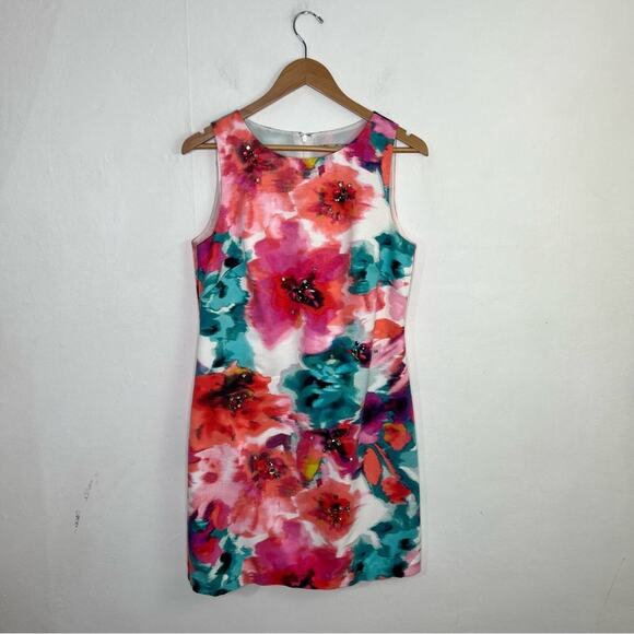 Eliza J Floral Watercolor Jewels Sheath Dress Size 8 or Medium - Picture 4 of 16